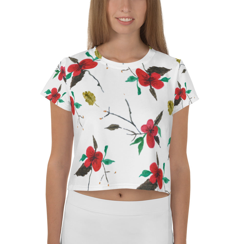 Red Hibiscus All-Over Print Crop Tee
