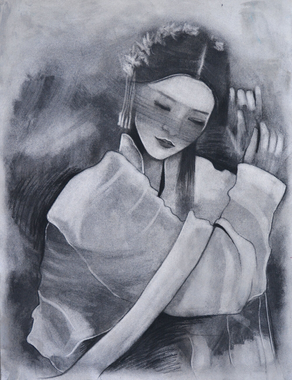 expressive charcoal drawing of pretty Chinese girl